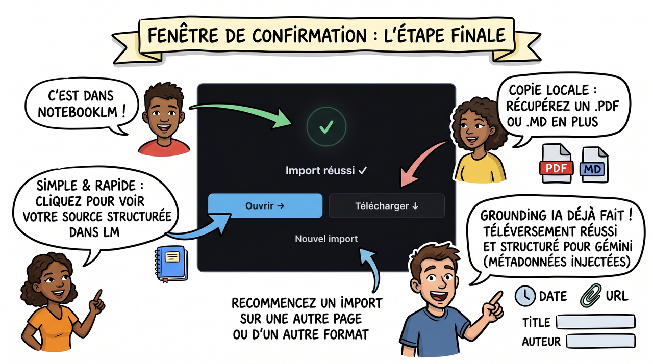 Infographie Sketchnote Étape finale et confirmation d'importation réussi