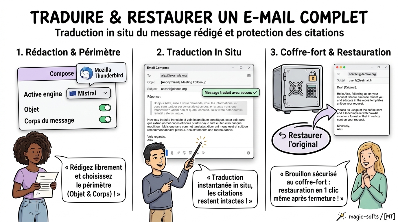 Infographie Sketchnote du mode rédaction et restauration d'e-mail complet avec Mistral AI