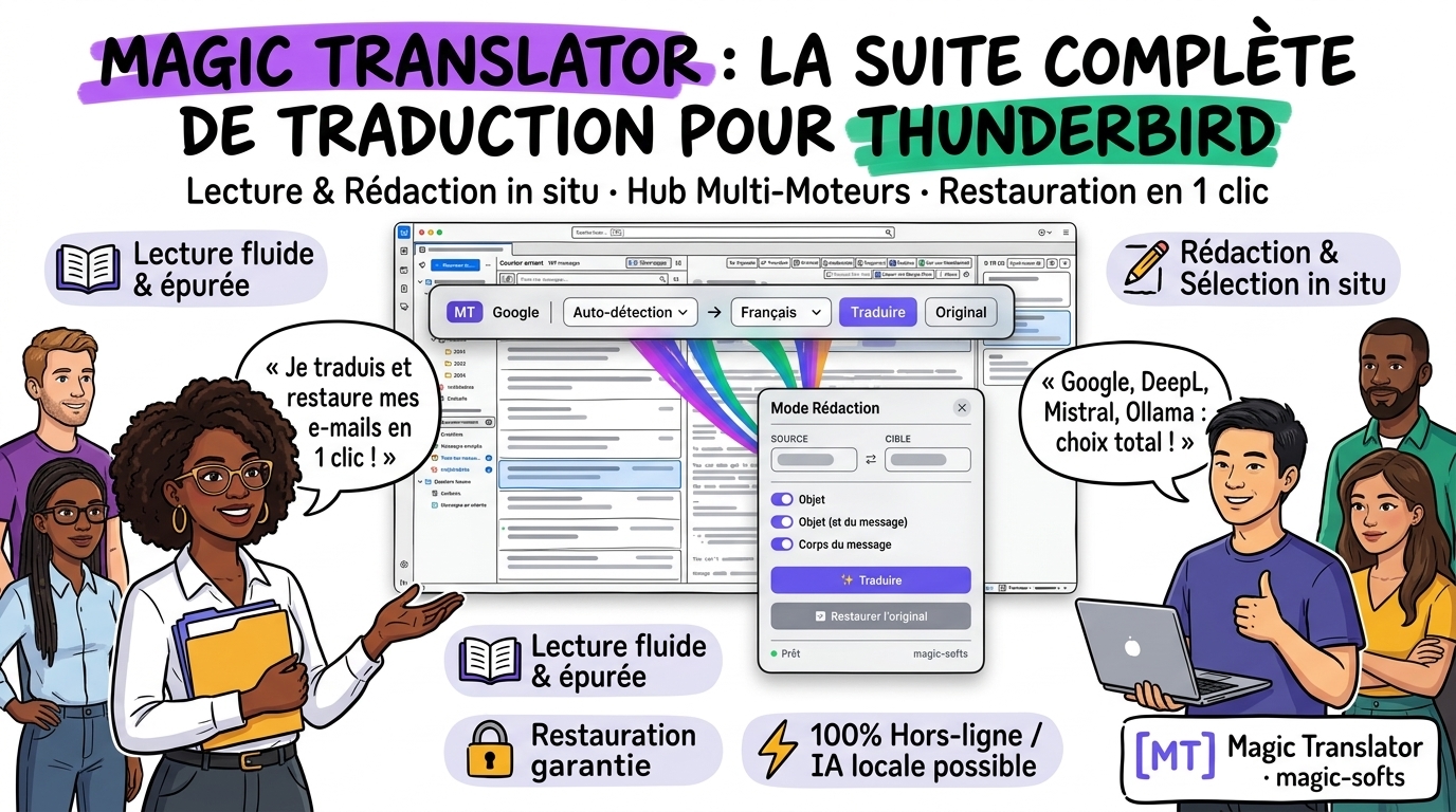 Infographie Sketchnote de la suite complète Magic Translator pour Thunderbird