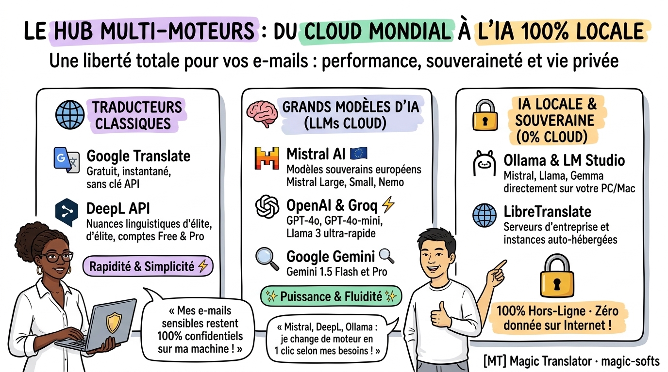 Infographie Sketchnote comparative du Hub Multi-Moteurs et LLMs de Magic Translator